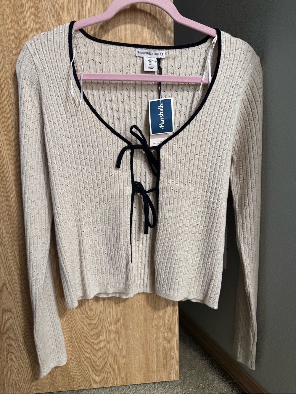 Sincerly Jules Beige Ribbed Tie-Front Cardigan with Black Trim